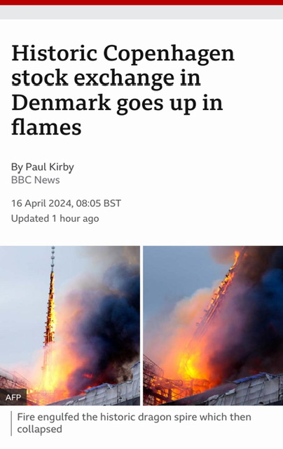 BBC news headlines about Copenhagen fire.