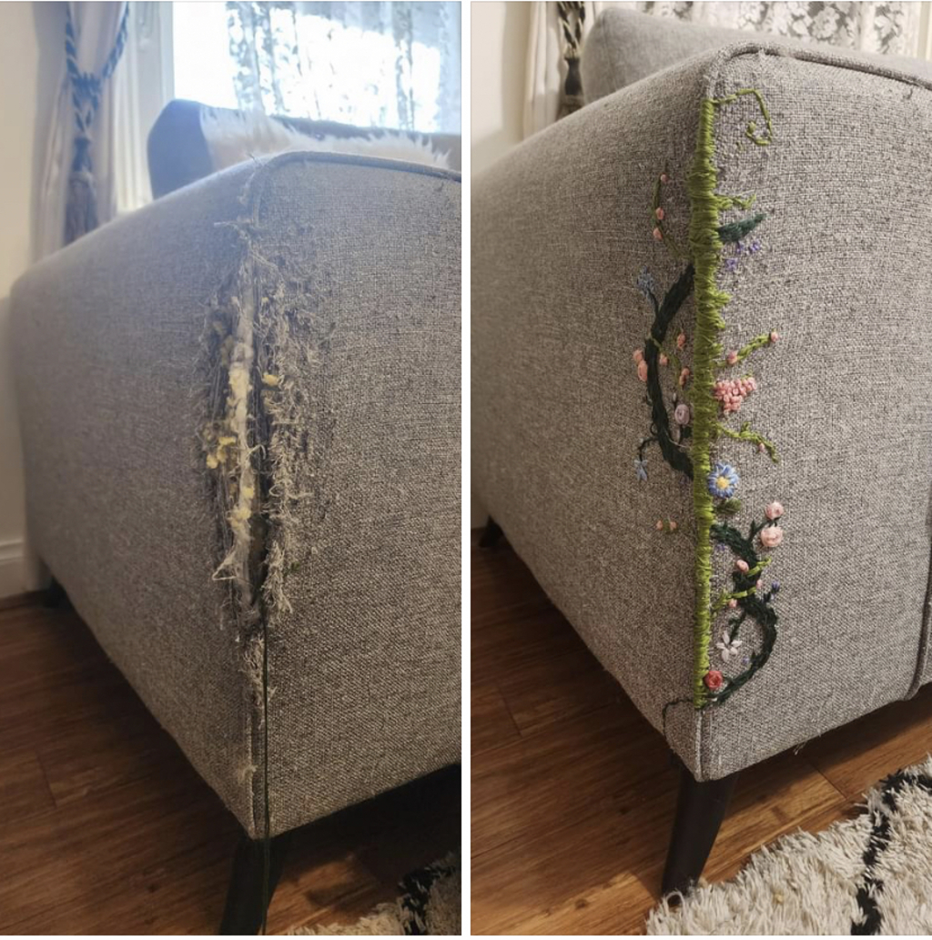 Sofa with cat scratches and same sofa fixed with embroidery.