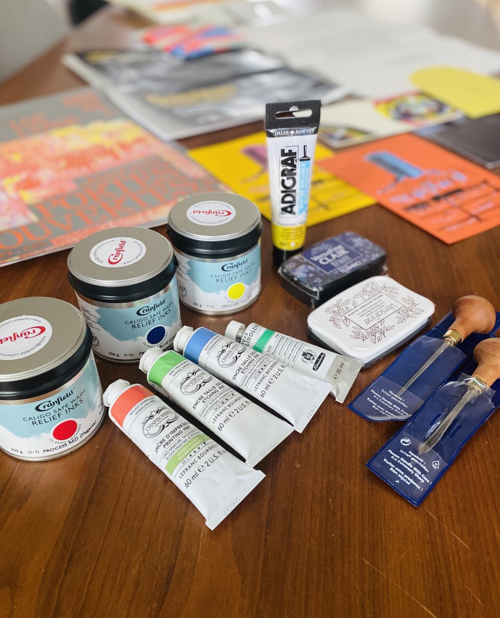 A photo of printmaking supplies. 