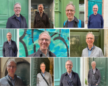 A collage of Peter in front of green doors in France.